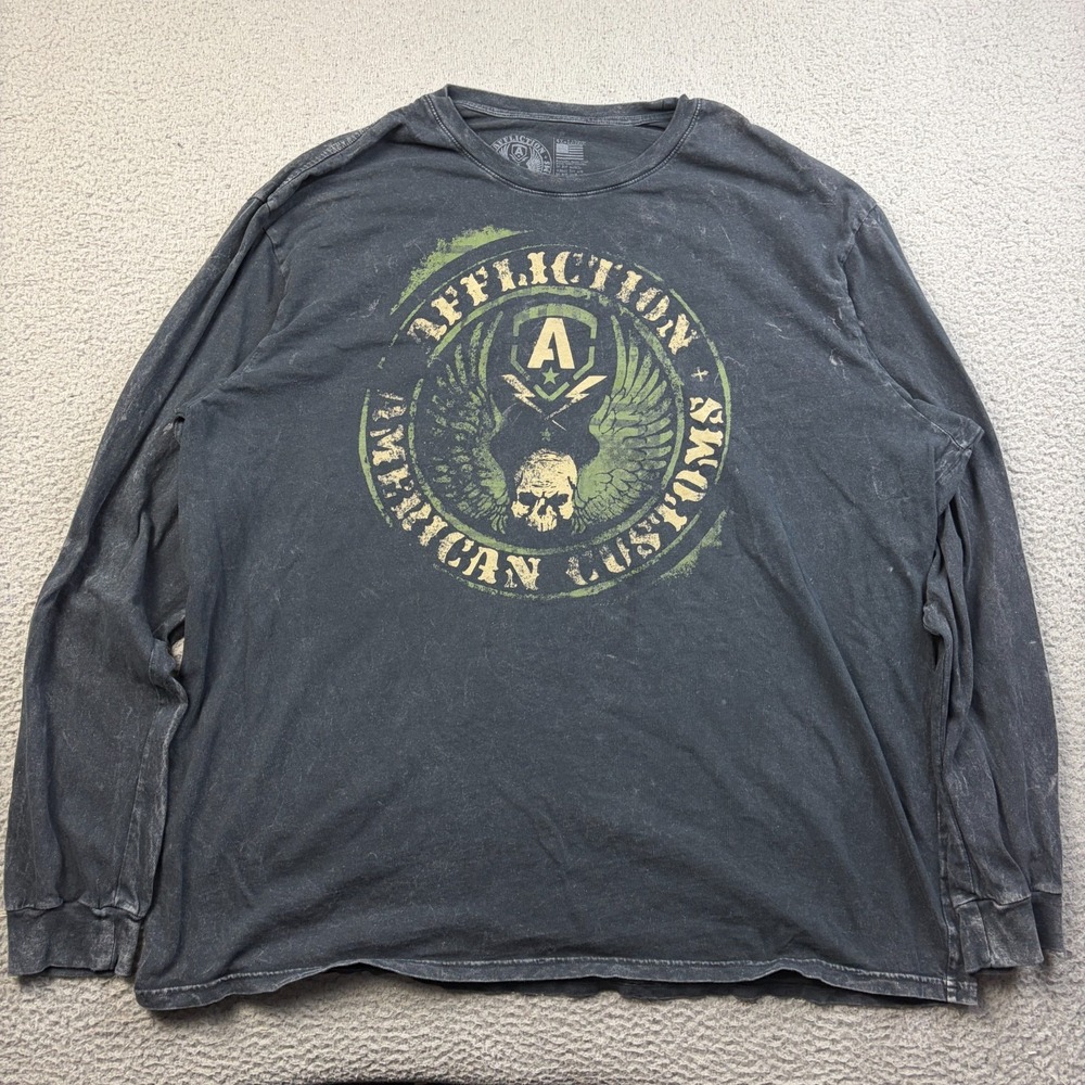 Affliction Men Gray Long Sleeve Shirt American Customs Skull Graphic Grunge 4XL